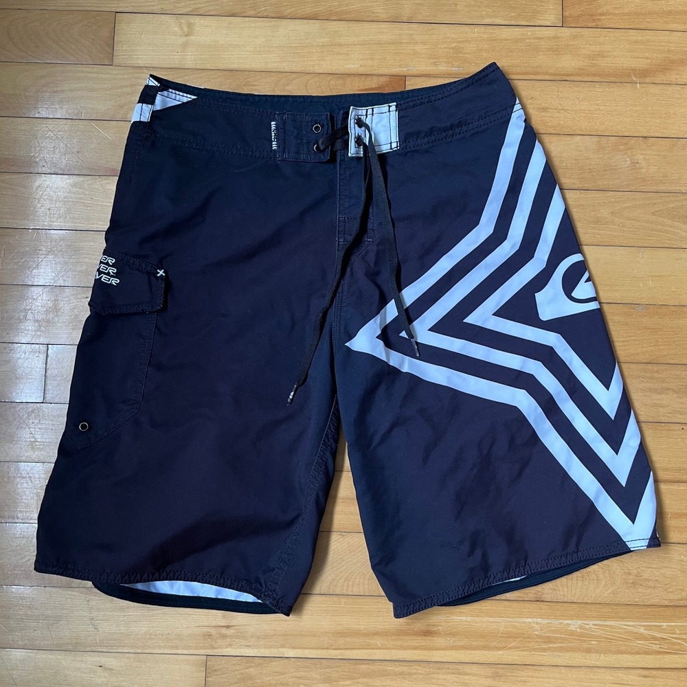 Quiksilver Mens Board Shorts Black White Geometric Star Logo Swim Trunks Size 31